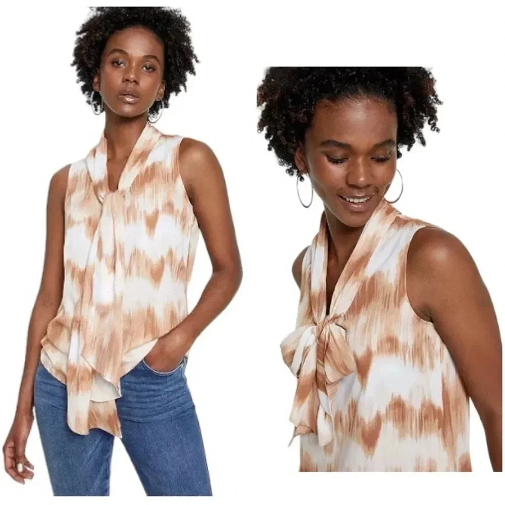 BAR III | Women’s Tie Dye Hazelnut Combo Print Bow Sleeveless Blouse Size L